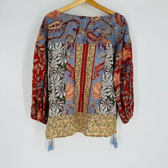 Anthropologie Womens Sonrisa Mixed Print Paisley Boho Tassel Top Blouse Size XS - Picture 3 of 10